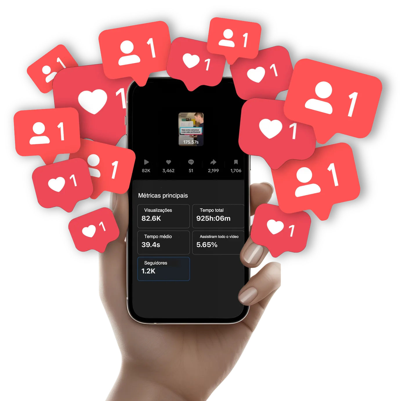 Celular mostrando o crescimento das métricas do perfil