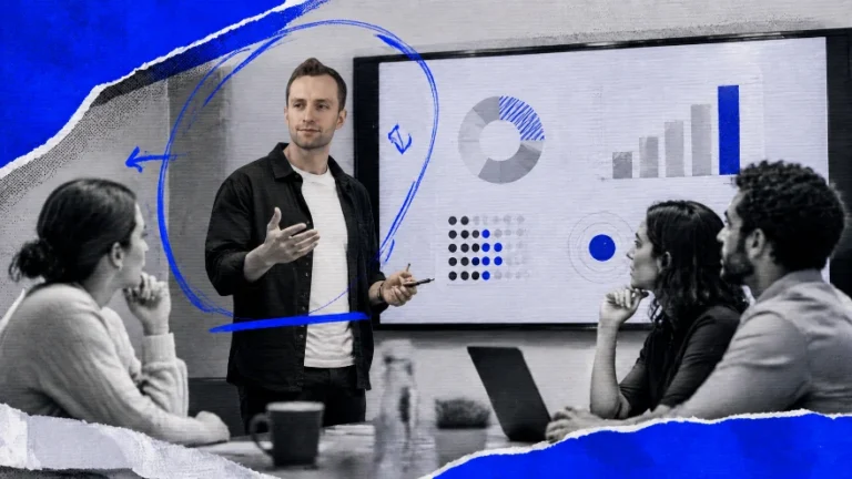 Profissional apresentando um projeto em reunião