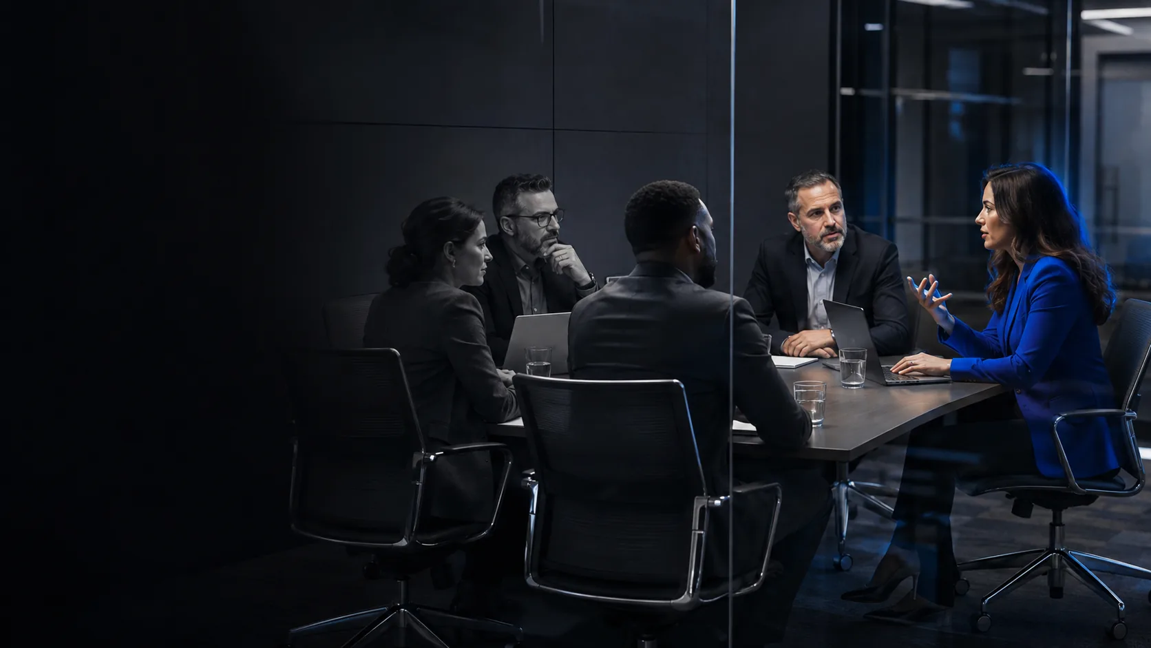 Equipe reunida em sala de reunião corporativa durante uma apresentação