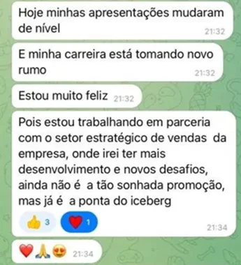 Print da mensagem de um aluno sobre a virada na carreira