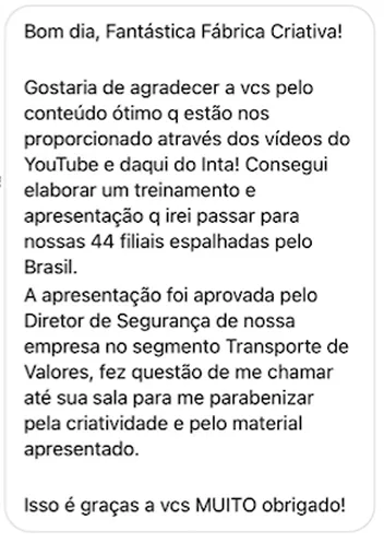 Print da mensagem de um aluno sobre o reconhecimento da diretoria